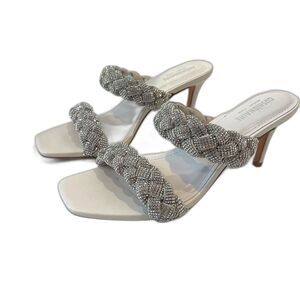 Cushionaire Rhinestone Heels Party Silver Size 9.5 NEW Slides Sparkle Braid